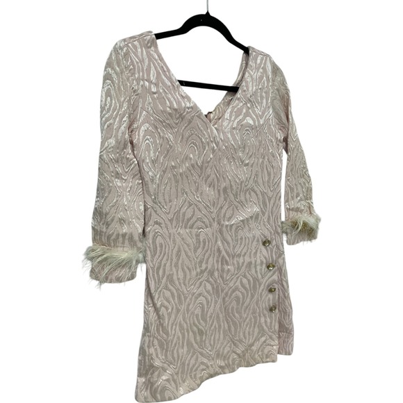 Vintage 60s Feather Cuff Brocade MOD Cocktail Dress Buttons The Collection Small - Picture 15 of 16